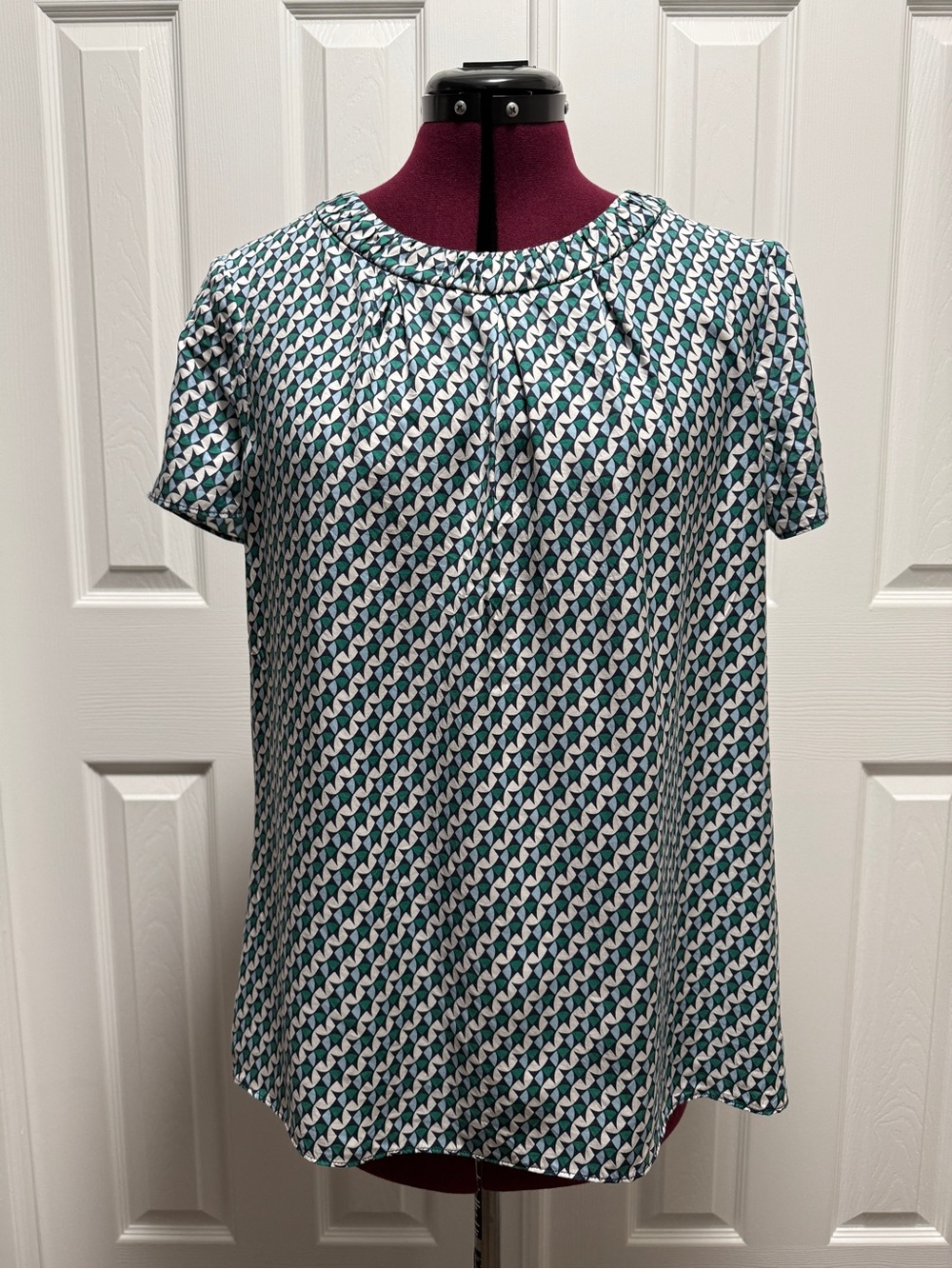 Boden Green, Navy, and White Short-Sleeve Geometric Blouse